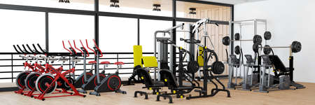 Panorama of various new weight machines in the fitness center (3d rendering)