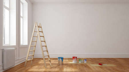 Ladder and paint buckets in front of a wall in an empty room (3d rendering)