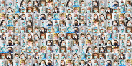 Panorama portrait collage of people and doctors with face masks during coronavirus pandemicの写真素材