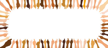 Lots of different hands showing thumbs up and forming a frame with copy space in the middle as a team conceptの写真素材