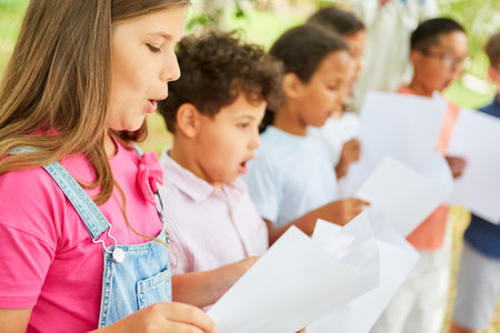Children sing together in a choir during a choir rehearsal before the talent show at the summer campの写真素材