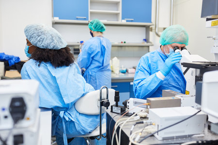 Research team works together in the laboratory on Covid-19 vaccine in coronavirus pandemic