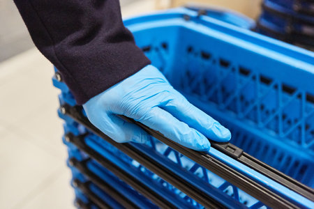 Hand in disposable gloves on the shopping basket in the supermarket because of the Covid-19 pandemic