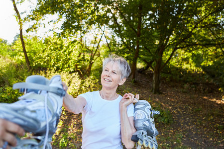 Vital sporty senior man in the forest with roller skates before inline skatingの写真素材