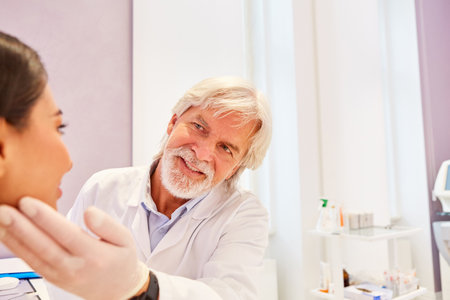 Dermatologist and patient during an examination before a treatment or cosmetic operationの写真素材