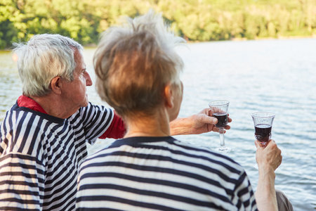 Relaxed senior couple at the lake while drinking red wine on the weekend in summerの写真素材