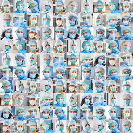 Portrait collage of doctors and nursing team with face mask during pandemicの写真素材