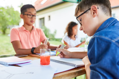 Children study and write a test in chemistry tutoring class in vacation courseの写真素材