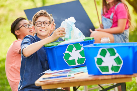 Children learn recycling and environmental protection in an ecological summer campの写真素材