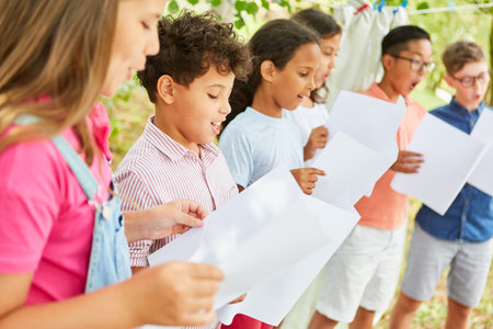 Children sing together in the choir at the summer camp on talent showの写真素材