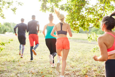 Group of friends does a cross-country run in nature for fitness and endurance