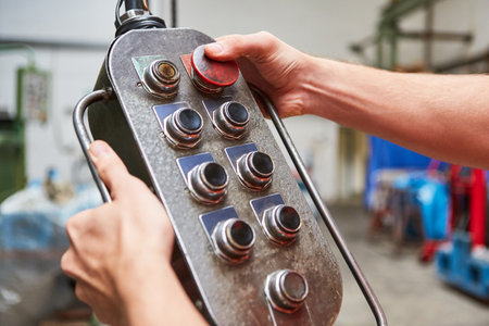 Hand operates buttons on the crane control or the control panel of a machine in a factoryの写真素材