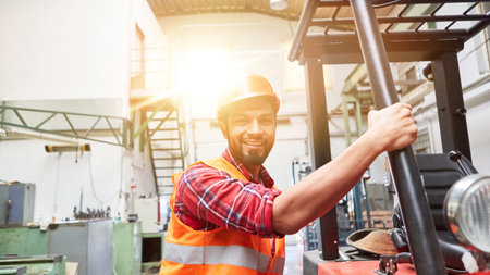 Forklift driver in training on forklift in metal processing factory