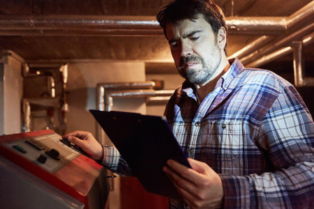 A heating fitter checks the gas heating condensing boiler during maintenance using a checklist
