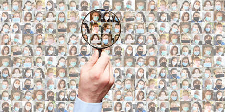 Panorama portrait collage of people with face masks in everyday life during Covid-19の写真素材