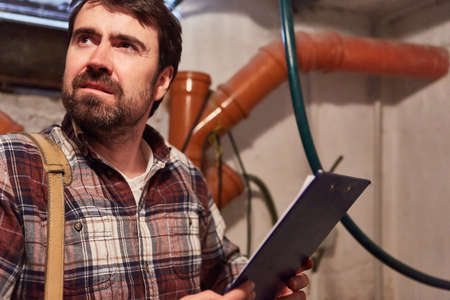 Handyman man in basement with checklist for maintenance of pipes and cablesの写真素材