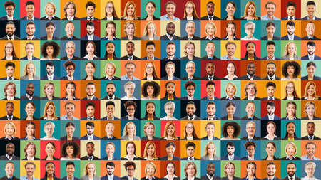 Panorama of diverse business people in front of colorful backgrounds as a team and business conceptの写真素材