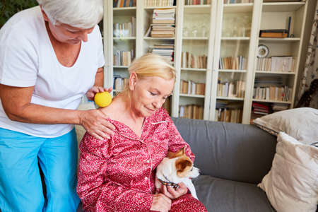 Therapist does trigger point acupressure with the fascia ball for the shoulders of a senior citizenの写真素材