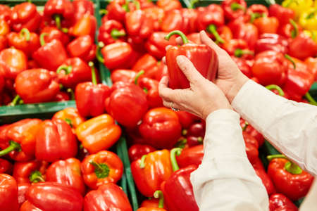 Hands hold a red pepper when shopping at the weekly market or in the discount store