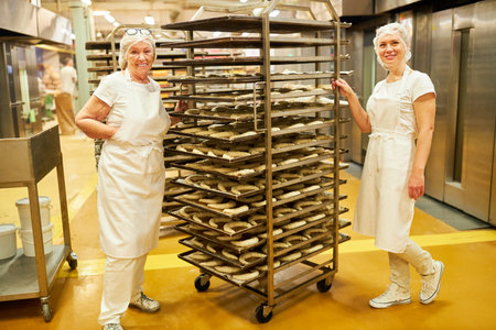Two women bakers and a tray trolley with croissants for baking in the large bakery