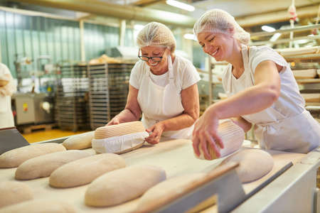 Young woman as a baker's apprentice with the boss baking bread under supervision in a large bakeryの写真素材