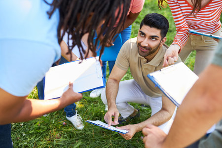 Young people as a team at an outdoor game in the team building workshop