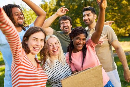 Multicultural team of young people with posters cheering together in the park in summerの写真素材
