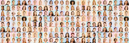 Panoramic portrait collage of many women from different generations as society concept