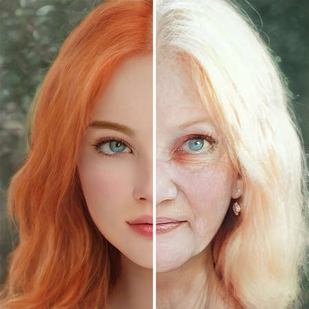 Comparison of a red-haired woman as a girl and an elderly woman side by sideの写真素材