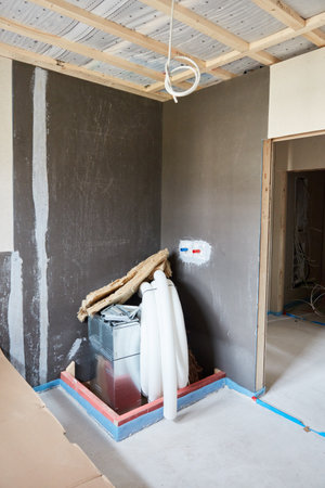 Interior design of bathroom with shower in bathroom construction in a new houseの写真素材
