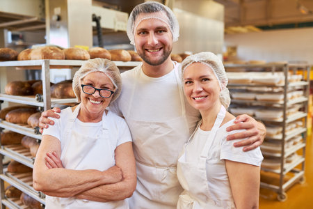 Successful bakery team with boss and apprentices in the bakery as a family businessの写真素材