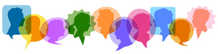 Many colorful speech bubbles with heads as communication and dialogue conceptの写真素材