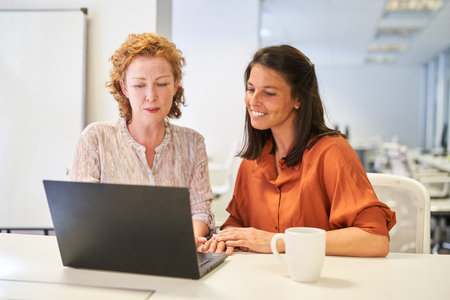 Two business women working together on laptop computer during website developmentの写真素材
