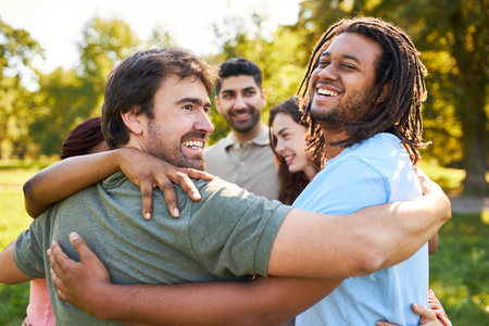 Successful young startup team hugs each other for motivation and team buildingの写真素材