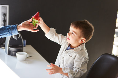 Mother gives little boy a fresh strawberry as a concept of healthy eating and vitaminsの写真素材