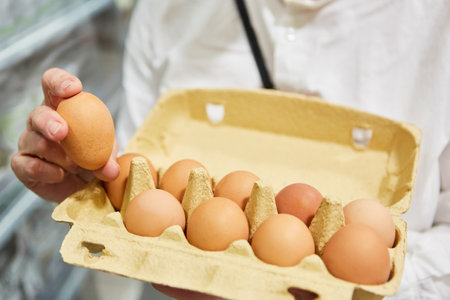 Customer holding a cardboard box of free range eggs in supermarket or discount storeの写真素材