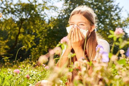 Girl sneezing and blowing her nose with hay fever in a blooming meadowの写真素材