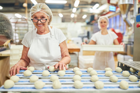Older female baker with experience baking buns on the belt proofer in the large bakery