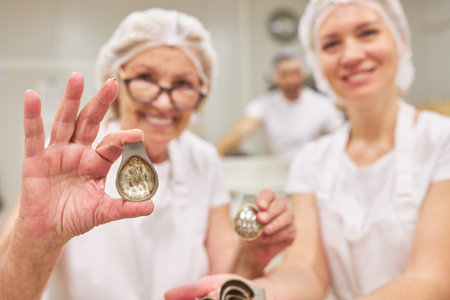 Female baker with experience shows small molds for baking Madeleine biscuits in the bakery