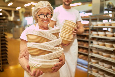 Elderly female baker carries many bread baskets in bakery for production and transportation of baked...