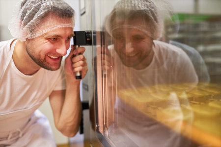 Young man as a baker's apprentice controls the baking of baked goods in the oven