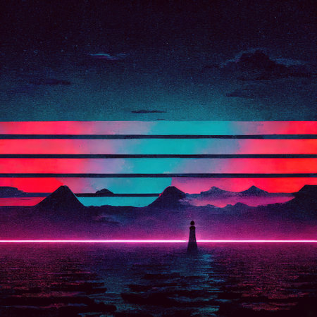 Futuristic synthwave neon background with ocean and lines on dark sky (Generative AI)の素材