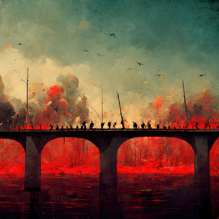 The last stand of an army on a bridge with many soldiers against a red background as an illustrationの素材