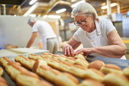 Elderly woman baker baking donuts in bakery or bakery factoryの写真素材