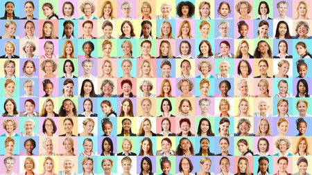 Panoramic portrait collage of women of many generations in front of colorful backgroundsの写真素材