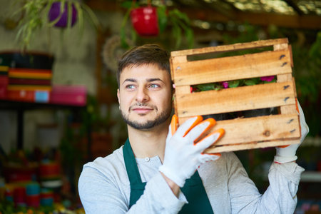 Gardener or florist carries box of flowers for shipping in nursery flower shopの写真素材