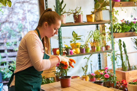 Plant care florist makes careful pruning of a flower in the flower shopの写真素材