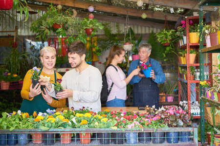 Gardeners and florists advising customers in the flower shop or nurseryの写真素材