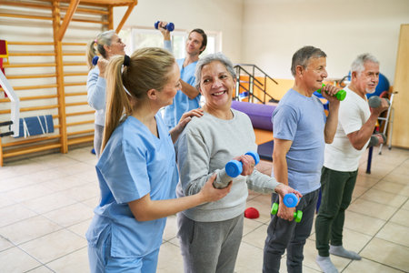 Smiling nurse assisting elderly woman exercising with dumbbell at rehab center