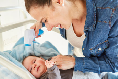 Caring mother measures fever of baby in bed with non-contact forehead thermometer